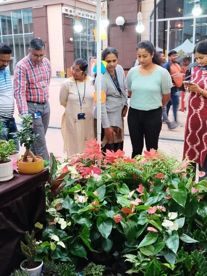 It's wonderful to see so many people interested in bringing plants into their lives. A group of visitors are browsing the selection at my stall during a busy tech fest bazaar.