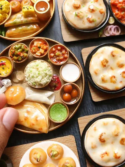 A close-up shot of a North Indian thali, showing the intricate details of each tiny dish, from the naan to the gulab jamun.