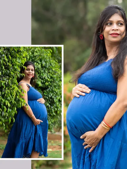 A highlight collage from a solo outdoor maternity shoot, showing different angles and expressions from the session.