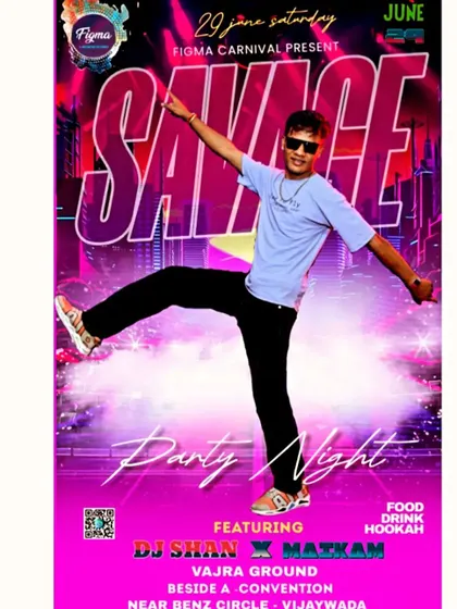 A poster for the "Savage Party Night" at the Figma Carnival Festival in Vijayawada.