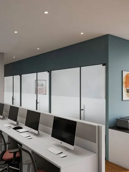This 3D view showcases the layout of the shared office space, including the frosted glass partitions for private cabins and the dedicated utility area. Our detailed renders ensure every aspect of the design is perfected before construction begins.