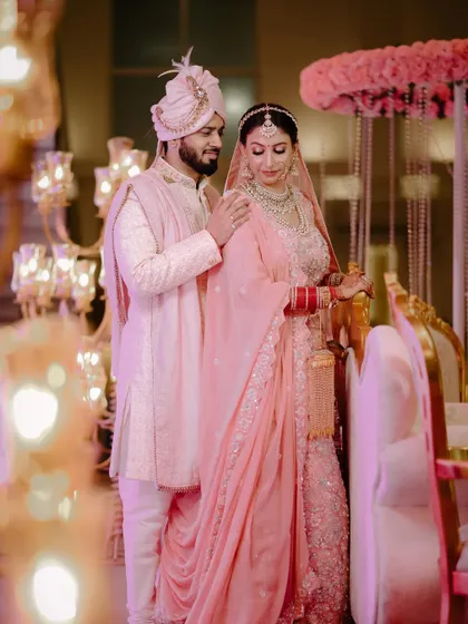 An elegant portrait of Ebba and Prateek from their Jammu wedding, with beautiful bokeh lighting.