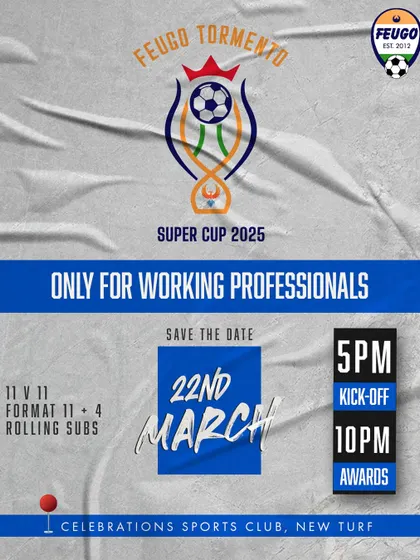 Save the date for the Super Cup 2025. This poster details the 11v11 format with rolling subs, designed specifically for our working professionals.