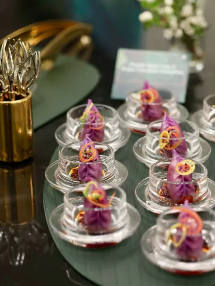 Purple Skin Corn & Water Chestnut Dumplings, part of the elegant menu we curated for the grand launch of The House of Rose watch bar.