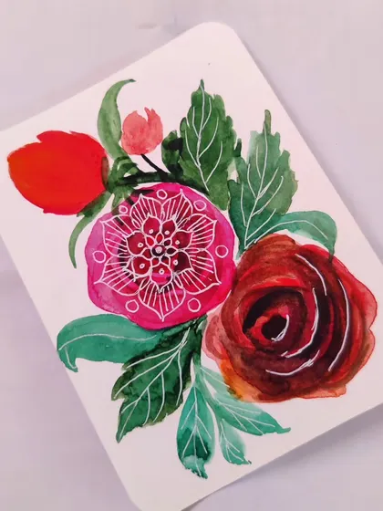 A small floral study combining different flower shapes and styles, including a rose and a mandala-like bloom. These little experiments help me grow as an artist.