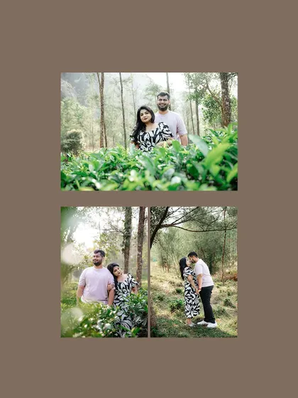 A collage of a couple enjoying the scenery in a tea garden and pine forest.