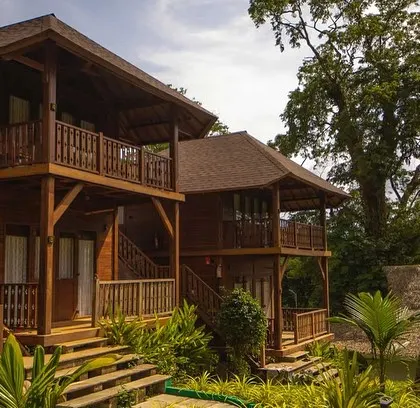 The beautiful wooden cottages of the Big Tree Resort in the Andamans.