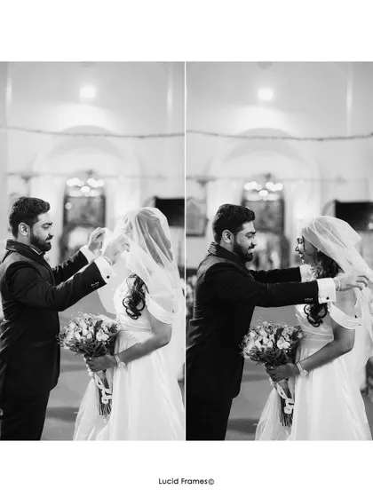 A black and white diptych of the groom lifting the bride's veil at the altar, a deeply symbolic and romantic moment.