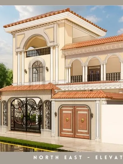 The north-east elevation of the Spanish villa, showcasing its beautiful arches and the seamless integration with the surrounding landscape.