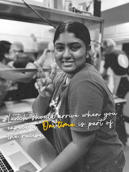Lunch should arrive when you expect it. On-time delivery is part of the recipe, and my team, like Sapna here who handles orders, makes sure of it.