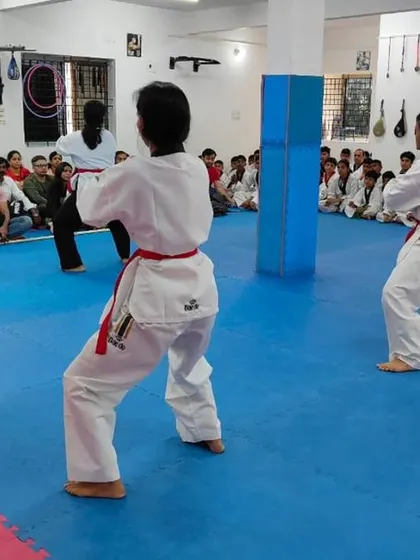A view from the back of students practicing their form.
