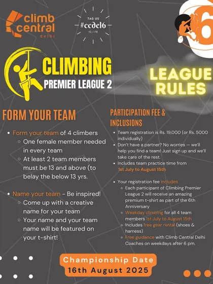 Here are the rules for our Climbing Premier League. We've outlined everything from team formation requirements to the participation fee and what it includes, like unlimited practice time and custom team t-shirts.