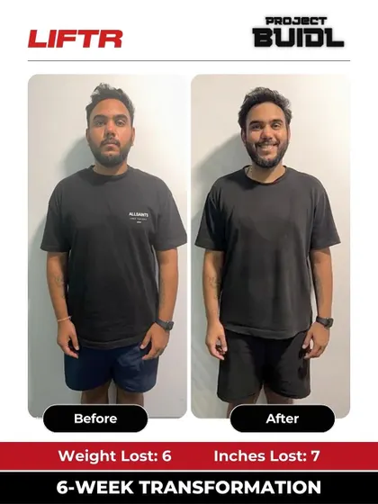 Karthik lost 6 kgs and 7 inches in 6 weeks, transforming his approach to fitness. This front view shows his amazing progress.