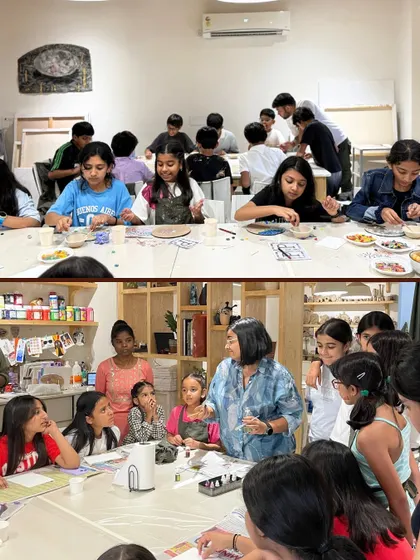 Our studio is buzzing with energy during art parties. Here, you can see kids fully engaged in a mosaic workshop and getting guidance from one of our artist mentors.