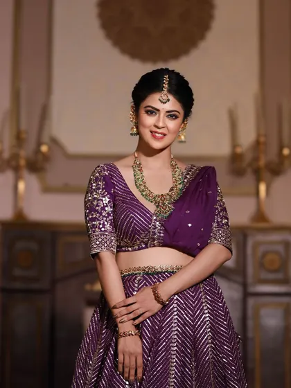 The full look of the purple lehenga, perfect for festive celebrations.