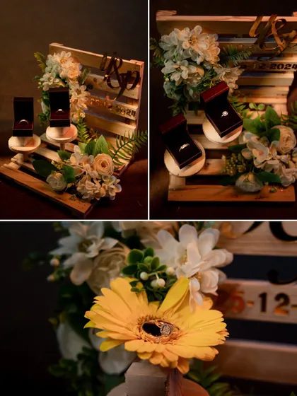 A collage of detail shots from an engagement, focusing on the beautifully decorated ring platter and the rings themselves.