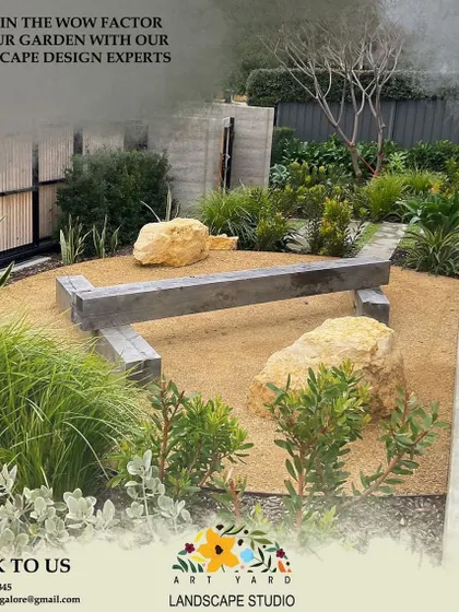 An advertisement-style image showcasing a zen-inspired garden design with sand, rocks, and a minimalist wooden bench, reflecting my ability to create spaces with a strong 'wow' factor.