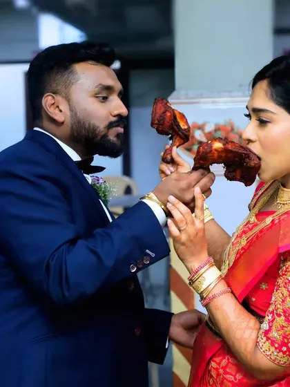A candid shot of the couple enjoying our delicious roasted chicken.