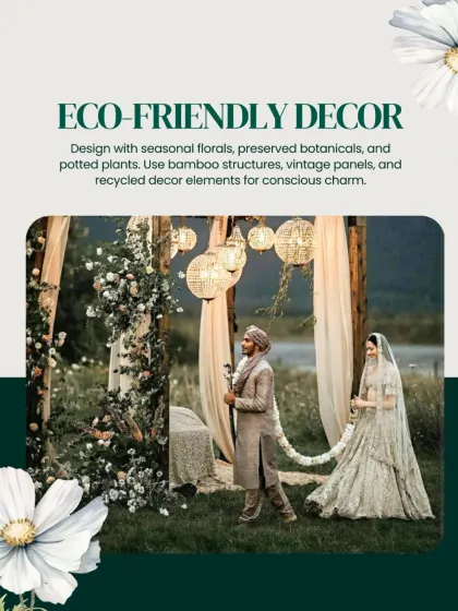 We champion eco-friendly decor by using seasonal florals, preserved botanicals, bamboo structures, and recycled elements for conscious charm.