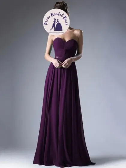 A full view of the purple chiffon gown, a versatile rental for bridesmaids, parties, or casual photoshoots.