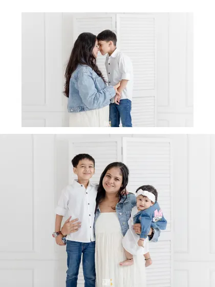 A collage showing a mother's tender bond with her two children, from a sweet forehead touch with her son to holding both her babies close.
