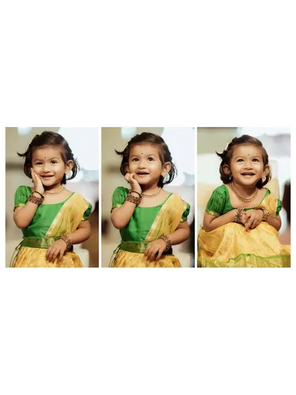 A charming triptych of a little girl in traditional attire, her adorable expressions capturing the joy of being part of the wedding celebration.