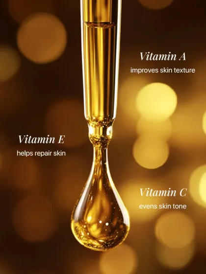 This visual highlights the benefits of key vitamins for the skin. Vitamin A improves texture, Vitamin E helps repair, and Vitamin C evens skin tone.