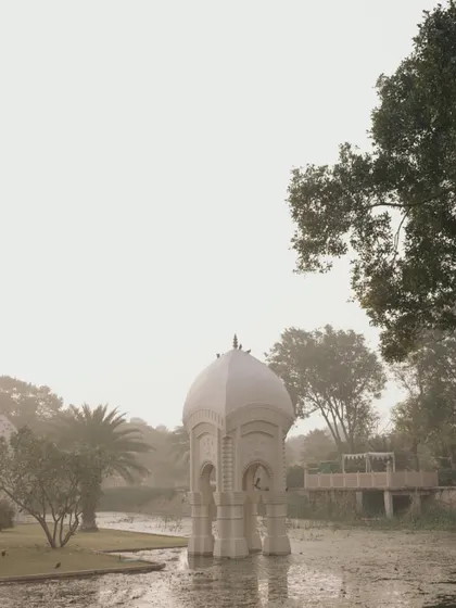 Another perspective of the beautiful Oberoi Rajvilas, showcasing its tranquil water features and heritage architecture, a perfect setting for a luxury wedding.