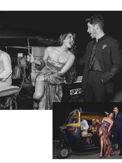 A collage showing both the final color shot and a candid black and white moment from my shoot with Priyanka Chopra and Nick Jonas. This juxtaposition highlights the difference between a posed photograph and a captured, spontaneous interaction.