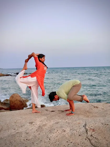 A partner yoga shot with Shreya and Prashant by the sea. Yoga is not about touching your toes, it's about what you learn on the way down.