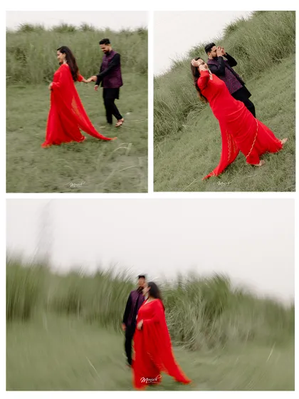 A collage of motion and emotion, capturing the playful and romantic sides of Tulsi and Mohit during their pre-wedding adventure in a field of green.