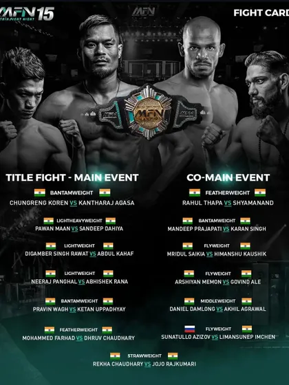 The fight card for MFN 15, by far the best card in Indian MMA history. I'll be doing pre-fight breakdowns for some of these bangers.