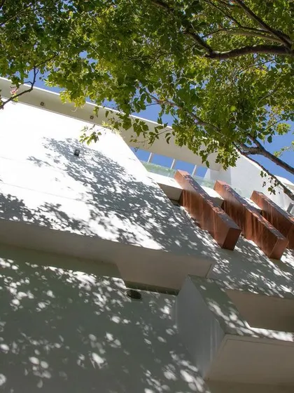 The facade of 'Isha-Vaasyam' seen through the canopy of a tree, illustrating our approach to designing homes that coexist harmoniously with nature.