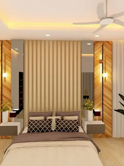 An alternate view of our master bedroom concept, highlighting the chevron-patterned wood paneling and floating bedside tables. This render shows how different textures can work together to create a rich, tactile environment.