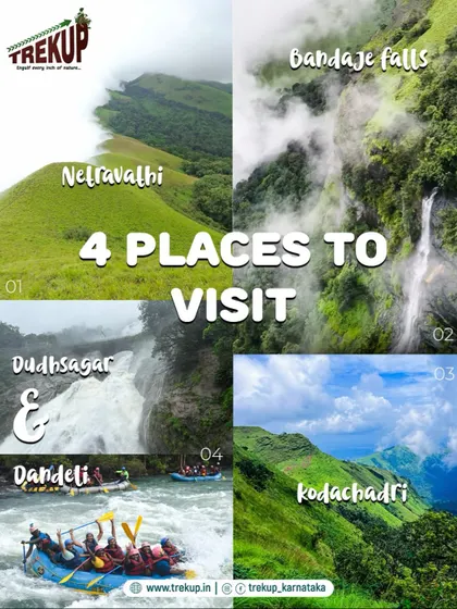 Four amazing places to visit with me on a weekend. This collage showcases the variety of treks I offer, from the green hills of Netravathi to the waterfalls of Bandaje and Dudhsagar.