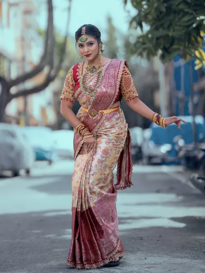 A confident pose in an urban setting.
