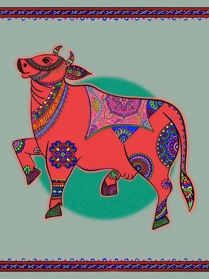 A fiery red version of the Kamdhenu cow, showing how the same design can evoke a different energy with a change in color.