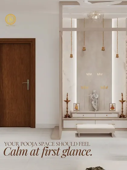 A pooja space should be a tranquil retreat within your home. We designed this corner with serene marble, soft backlighting, and delicate brass bells to create a space that feels calm, sacred, and seamlessly integrated with the home's luxury aesthetic.
