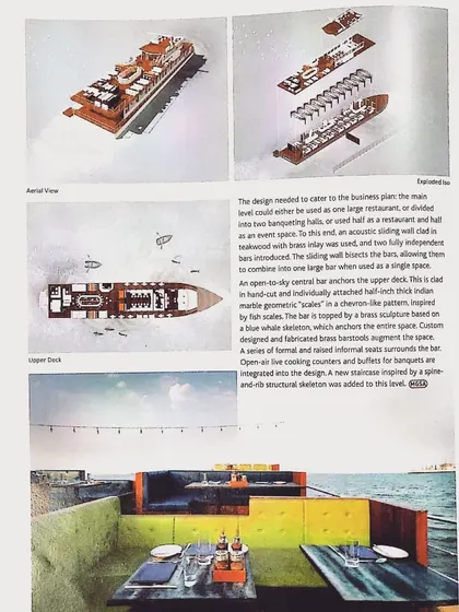 A page from a publication detailing our design strategy for the floating restaurant. It shows the aerial view, upper deck plan, and exploded axonometric view, explaining how the design caters to different uses like banqueting or large-scale events.