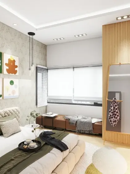 This playful bedroom design uses a gallery wall of colorful art and a mix of textures to create a fun and vibrant atmosphere.