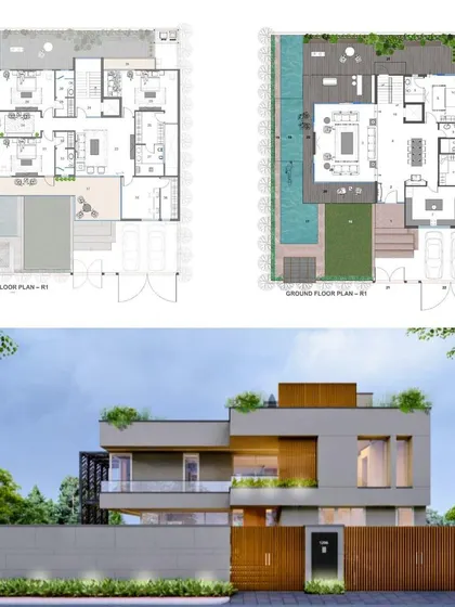 From architectural floor plans to the final 3D rendering, we meticulously plan every aspect of a home. This image shows the ground and first-floor layouts alongside the stunning exterior, demonstrating our integrated design process.