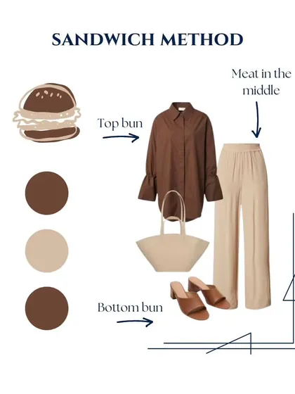 Here is another example of the Sandwich Method. A brown shirt is paired with matching brown mules, creating a sophisticated frame for the neutral beige pants and tote bag in the middle.
