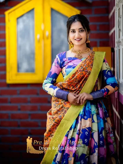 A close-up of the quirky, modern printed lehenga, showing the unique design and vibrant colors.
