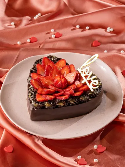 My Traditional Chocolate Strawberry Gateau, specially made in a heart shape for Valentine's Day. It's a timeless cake for celebrating love.
