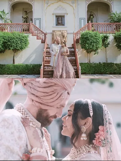 A collage combining a wide shot and a close-up of the couple, capturing both the grandeur of the venue and their intimacy.