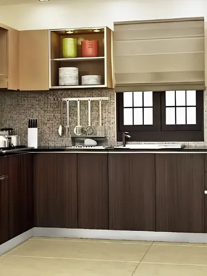 This kitchen features a classic combination of dark wood and beige cabinets. We've included practical accessories like utensil racks and open shelving for a highly functional cooking space.