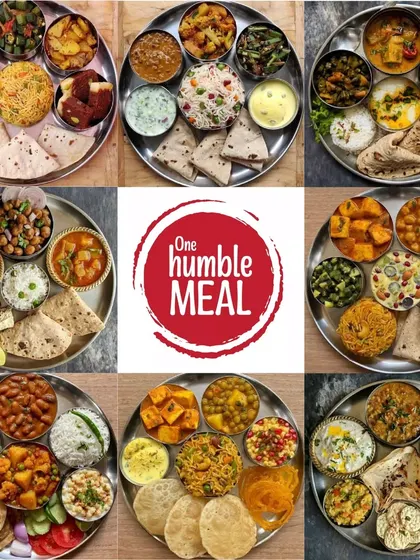I offer a wide variety of thalis to choose from for your events. This collage showcases the diversity of my vegetarian spreads, from simple daily meals to elaborate festive platters.