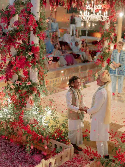 The moment of union, showered in flower petals. This two-week celebration spanned from Kabini to Cherrapunji to Jaisalmer, and it was an incredible honor to plan every detail for this amazing couple.