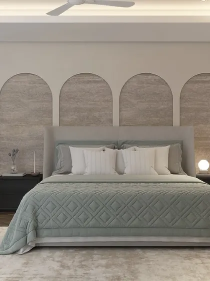 A 3D visualization of a guest bedroom, featuring an arched, textured headboard wall. The design uses a calming color palette of greens and grays to create a restful retreat.