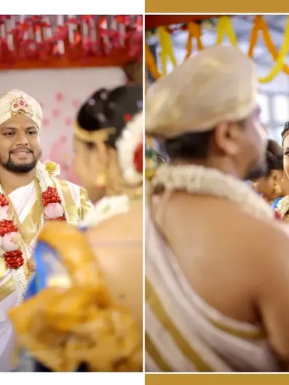 A diptych showing the groom's perspective and the bride's reaction during a key moment in their wedding ceremony.
